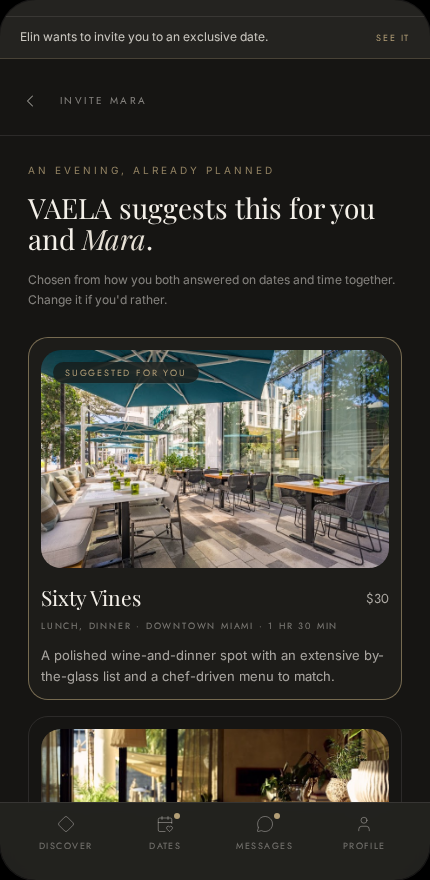 VAELA date invitation screen showing a suggested Miami venue