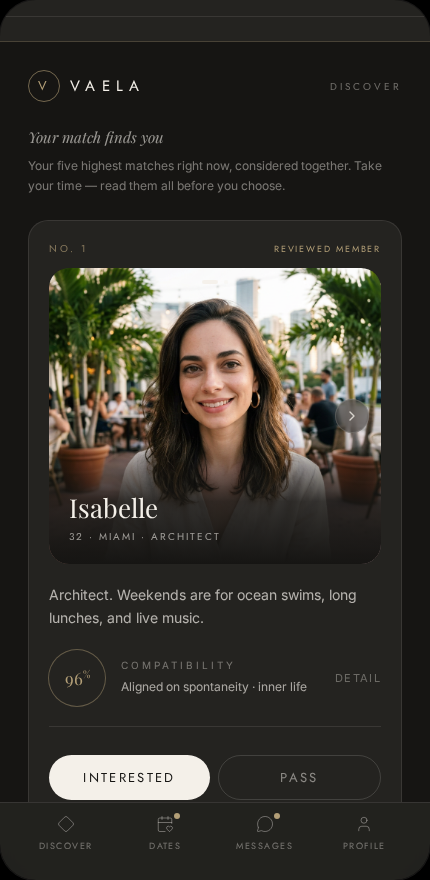 VAELA compatibility screen showing a reviewed member profile and match alignment
