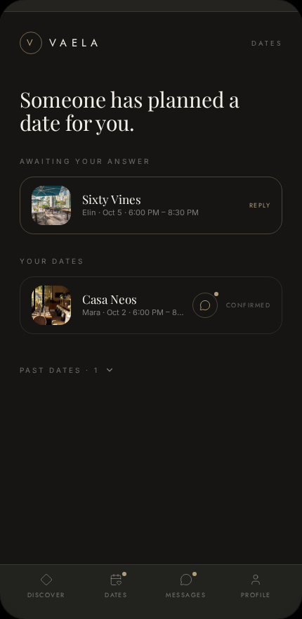 VAELA dates screen showing an invitation, a confirmed date, and past dates